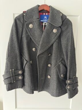 Burberry Grey Wool Coat with Red Plaid Lining
